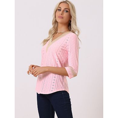 2 Packs Women's Contrast Color V Neck Loose Lace Trim Boho Top