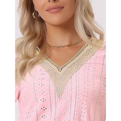2 Packs Women's Contrast Color V Neck Loose Lace Trim Boho Top