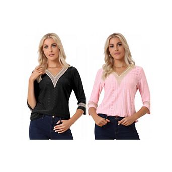 2 Packs Women's Contrast Color V Neck Loose Lace Trim Boho Top