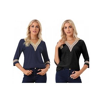 2 Packs Women's Contrast Color V Neck Loose Lace Trim Boho Top