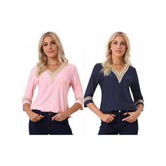 2 Packs Women's Contrast Color V Neck Loose Lace Trim Boho Top