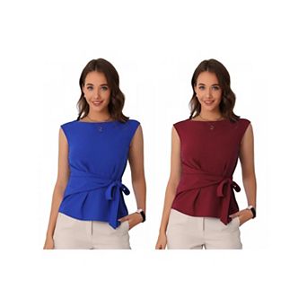 2 Packs Tie Front Blouse for Women's Boat Neck Cap Sleeve Work Top