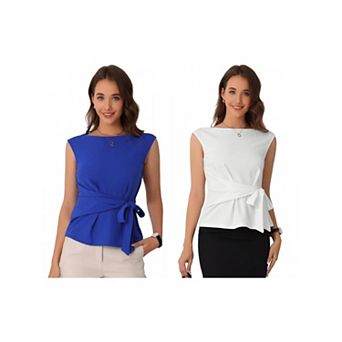 2 Packs Tie Front Blouse for Women's Boat Neck Cap Sleeve Work Top
