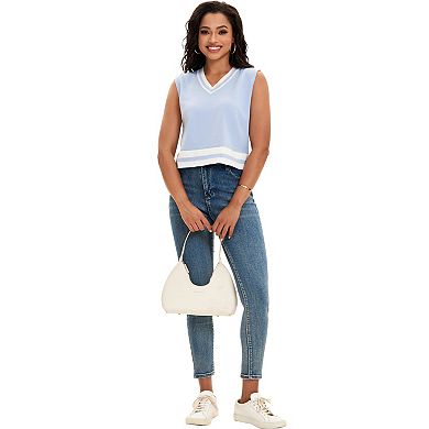 2 Packs Women's V Neck Cropped Sweater Vest Color Block Sleeveless Tank Tops Loose Fit Preppy Style