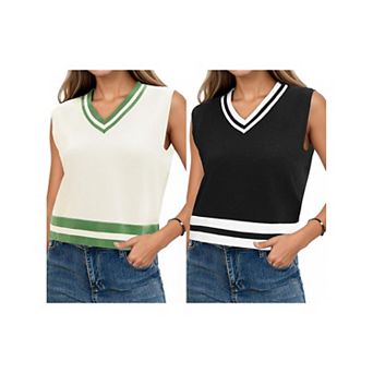 2 Packs Women's V Neck Cropped Sweater Vest Color Block Sleeveless Tank Tops Loose Fit Preppy Style