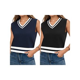 2 Packs Women's V Neck Cropped Sweater Vest Color Block Sleeveless Tank Tops Loose Fit Preppy Style