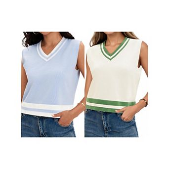 2 Packs Women's V Neck Cropped Sweater Vest Color Block Sleeveless Tank Tops Loose Fit Preppy Style