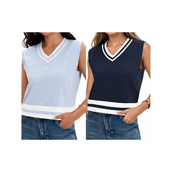 2 Packs Women's V Neck Cropped Sweater Vest Color Block Sleeveless Tank Tops Loose Fit Preppy Style