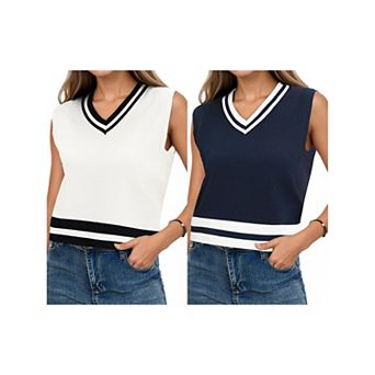 2 Packs Women's V Neck Cropped Sweater Vest Color Block Sleeveless Tank Tops Loose Fit Preppy Style