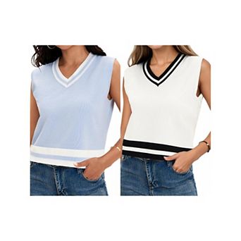 2 Packs Women's V Neck Cropped Sweater Vest Color Block Sleeveless Tank Tops Loose Fit Preppy Style