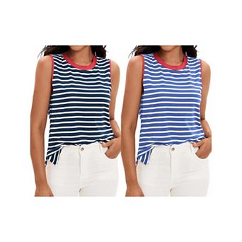 2 Packs Striped Tank Tops Color Block Side Slits Crewneck Summer Tops Casual Sleeveless Shirts