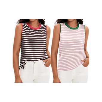 2 Packs Striped Tank Tops Color Block Side Slits Crewneck Summer Tops Casual Sleeveless Shirts
