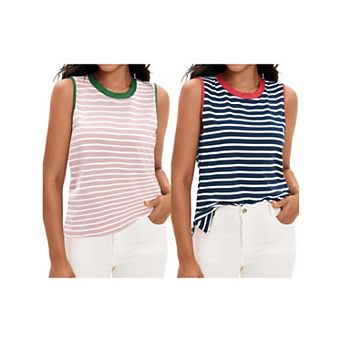 2 Packs Striped Tank Tops Color Block Side Slits Crewneck Summer Tops Casual Sleeveless Shirts