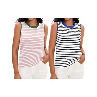 2 Packs Striped Tank Tops Color Block Side Slits Crewneck Summer Tops Casual Sleeveless Shirts