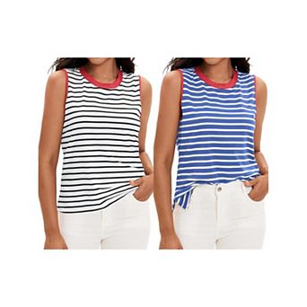 2 Packs Striped Tank Tops Color Block Side Slits Crewneck Summer Tops Casual Sleeveless Shirts