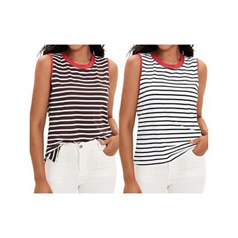 2 Packs Striped Tank Tops Color Block Side Slits Crewneck Summer Tops Casual Sleeveless Shirts