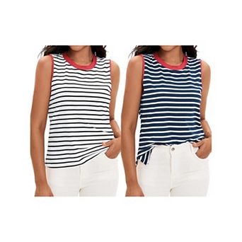 2 Packs Striped Tank Tops Color Block Side Slits Crewneck Summer Tops Casual Sleeveless Shirts