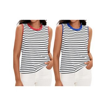2 Packs Striped Tank Tops Color Block Side Slits Crewneck Summer Tops Casual Sleeveless Shirts