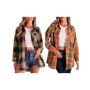 2 Packs Women's Plaid Shirt Boyfriend Button Down Long Sleeve Checkered Blouse Top