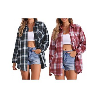 2 Packs Women's Plaid Shirt Boyfriend Button Down Long Sleeve Checkered Blouse Top
