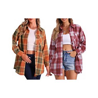 2 Packs Women's Plaid Shirt Boyfriend Button Down Long Sleeve Checkered Blouse Top