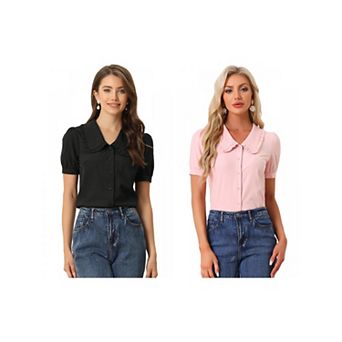 2 Packs Women's Peter Pan Collar Shirt Puffy Short Sleeve Elegant Blouse Top