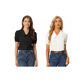 2 Packs Women's Peter Pan Collar Shirt Puffy Short Sleeve Elegant Blouse Top