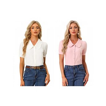 2 Packs Women's Peter Pan Collar Shirt Puffy Short Sleeve Elegant Blouse Top