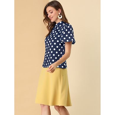 2 Packs Women's Polka Dots Blouse Stand Collar Pleat Keyhole Back Short Flare Sleeve Tops