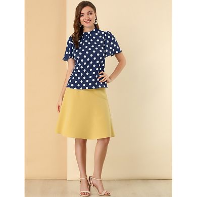 2 Packs Women's Polka Dots Blouse Stand Collar Pleat Keyhole Back Short Flare Sleeve Tops