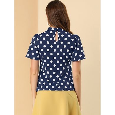 2 Packs Women's Polka Dots Blouse Stand Collar Pleat Keyhole Back Short Flare Sleeve Tops