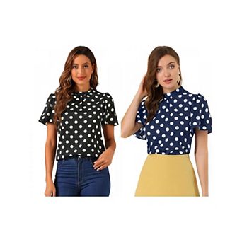 2 Packs Women's Polka Dots Blouse Stand Collar Pleat Keyhole Back Short Flare Sleeve Tops