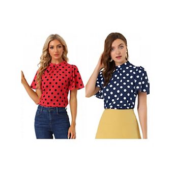 2 Packs Women's Polka Dots Blouse Stand Collar Pleat Keyhole Back Short Flare Sleeve Tops