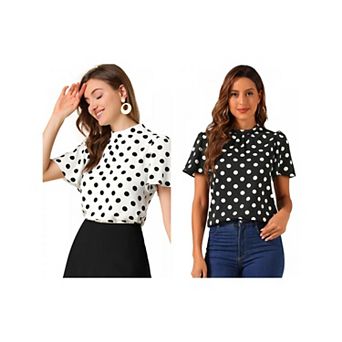 2 Packs Women's Polka Dots Blouse Stand Collar Pleat Keyhole Back Short Flare Sleeve Tops