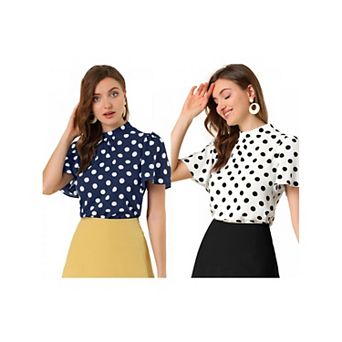 2 Packs Women's Polka Dots Blouse Stand Collar Pleat Keyhole Back Short Flare Sleeve Tops