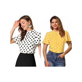 2 Packs Women's Polka Dots Blouse Stand Collar Pleat Keyhole Back Short Flare Sleeve Tops
