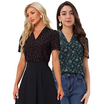 2 Packs Women's V Neck Tops Elegant Casual Cherry Floral Print Notch Lapel Short Sleeve Blouse