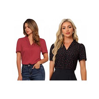 2 Packs Women's V Neck Tops Elegant Casual Cherry Floral Print Notch Lapel Short Sleeve Blouse