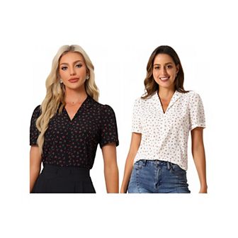 2 Packs Women's V Neck Tops Elegant Casual Cherry Floral Print Notch Lapel Short Sleeve Blouse