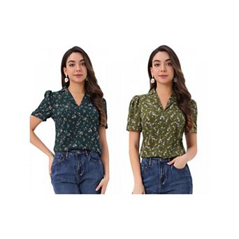 2 Packs Women's V Neck Tops Elegant Casual Cherry Floral Print Notch Lapel Short Sleeve Blouse