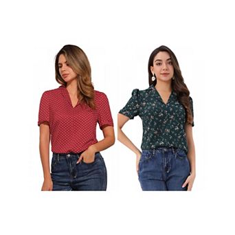 2 Packs Women's V Neck Tops Elegant Casual Cherry Floral Print Notch Lapel Short Sleeve Blouse