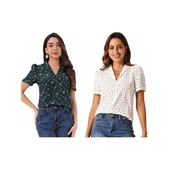 2 Packs Women's V Neck Tops Elegant Casual Cherry Floral Print Notch Lapel Short Sleeve Blouse