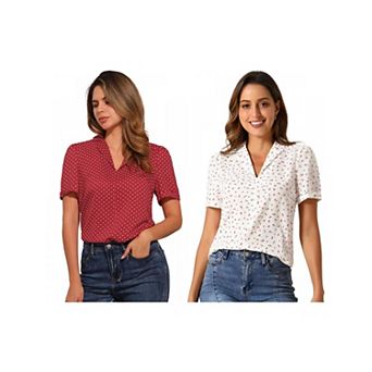 2 Packs Women's V Neck Tops Elegant Casual Cherry Floral Print Notch Lapel Short Sleeve Blouse