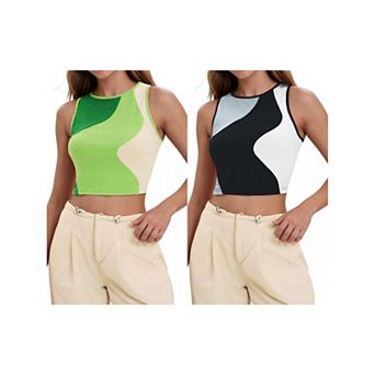 2 Packs Color Block Tank Tops for Women Summer Ribbed Sleeveless Crop Tops Basic Going Out Tops