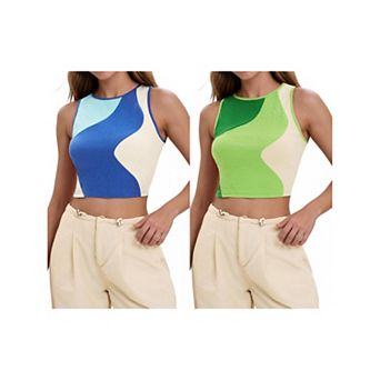 2 Packs Color Block Tank Tops for Women Summer Ribbed Sleeveless Crop Tops Basic Going Out Tops