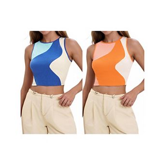 2 Packs Color Block Tank Tops for Women Summer Ribbed Sleeveless Crop Tops Basic Going Out Tops