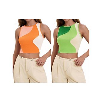 2 Packs Color Block Tank Tops for Women Summer Ribbed Sleeveless Crop Tops Basic Going Out Tops