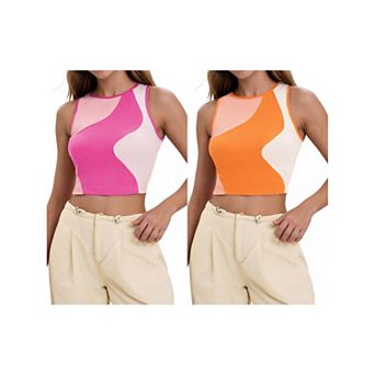 2 Packs Color Block Tank Tops for Women Summer Ribbed Sleeveless Crop Tops Basic Going Out Tops