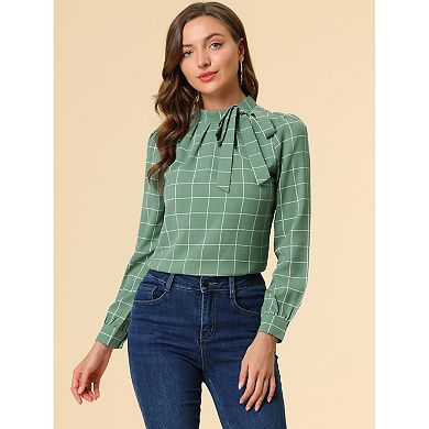 2 Packs Women's Bow Tie Neck Grid Checks Shirt Office Work Tops Blouses