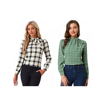 2 Packs Women's Bow Tie Neck Grid Checks Shirt Office Work Tops Blouses